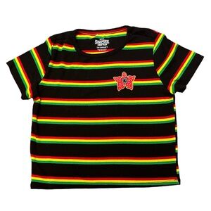 Black Striped Crop Top with Red Flower Patch